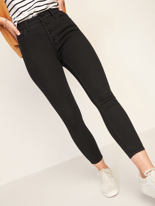 Jeans Old Navy Extra High-Waisted Button-Fly Rockstar 360° Stretch Super Skinny Black Cut-Off Ankle para Mujer