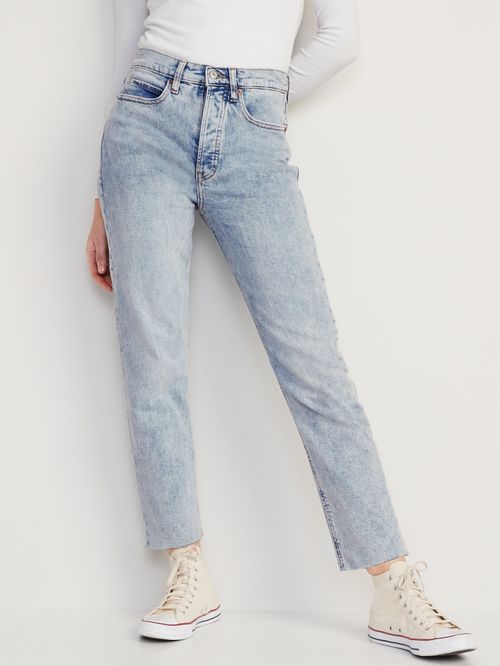 Jeans Old Navy Extra High-Waisted Button-Fly Sky-Hi Straight Raw-Hem para Mujer