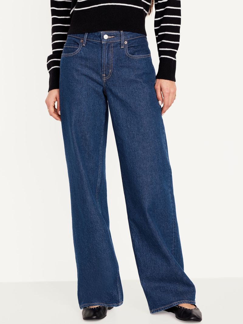 Wide leg dark blue jeans top